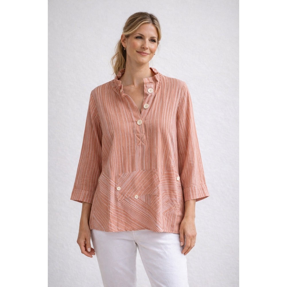 John Mark Womens Coral Pink Striped Ruffle Neck Tunic Top Small Flowy Beachy‎